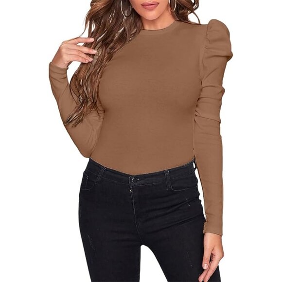 Apparallel Women's Brown Long Sleeve Knit Top With Puff Shoulders Sz L 2457 - Picture 2 of 11